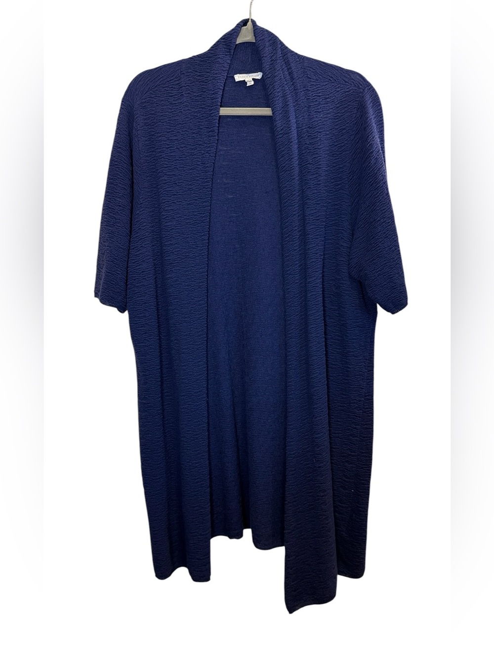 Eileen Fisher Woman Navy Open Knit Cotton Linen Blend Short Sleeve Cardigan 2X